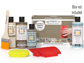 Retique It furniture and cabinet painting kit with bottles, a brush, and sponges on a white background.