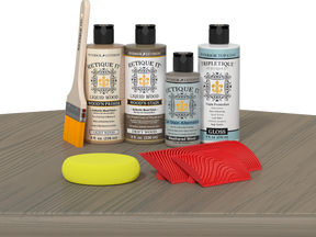 Retique It® Drift Wood Wood'n Kit with Gloss TripleTique® includes a brush, Light Wood primer, Drift Wood stain, Weathered Wood Gel Stain Alternative, Gloss TripleTique® top coat, a yellow sponge, and a red graining tool.