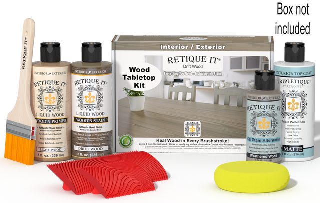 Retique It Wood'n Finish Kit in Drift Wood stain, featuring a wood stain kit with application tools and box for tabletop projects.