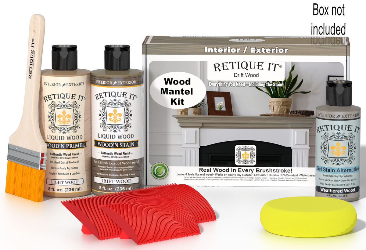 Retique It Fireplace Mantel Wood'n Finish Kit in Drift Wood stain, showing the wood stain application on a mantel.