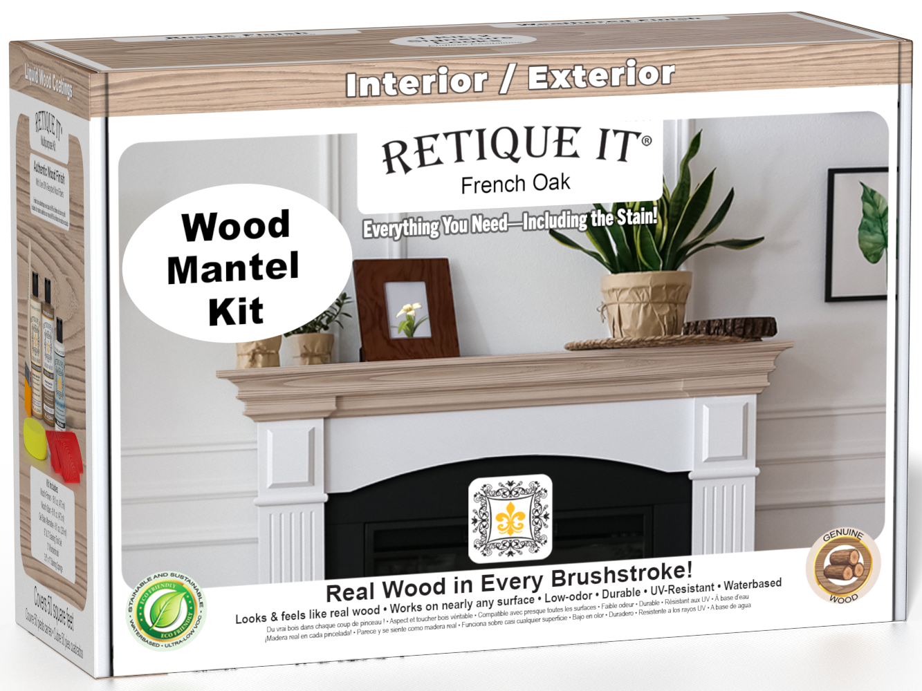 Retique It® French Oak wood stain kit for fireplace mantels, showcasing wood finish options with a natural oak appearance.