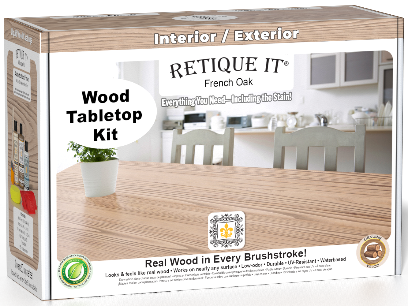 Retique It® Wood'n Finish Kit in French Oak for tabletops, featuring stain bottles and application tools in a wooden box.