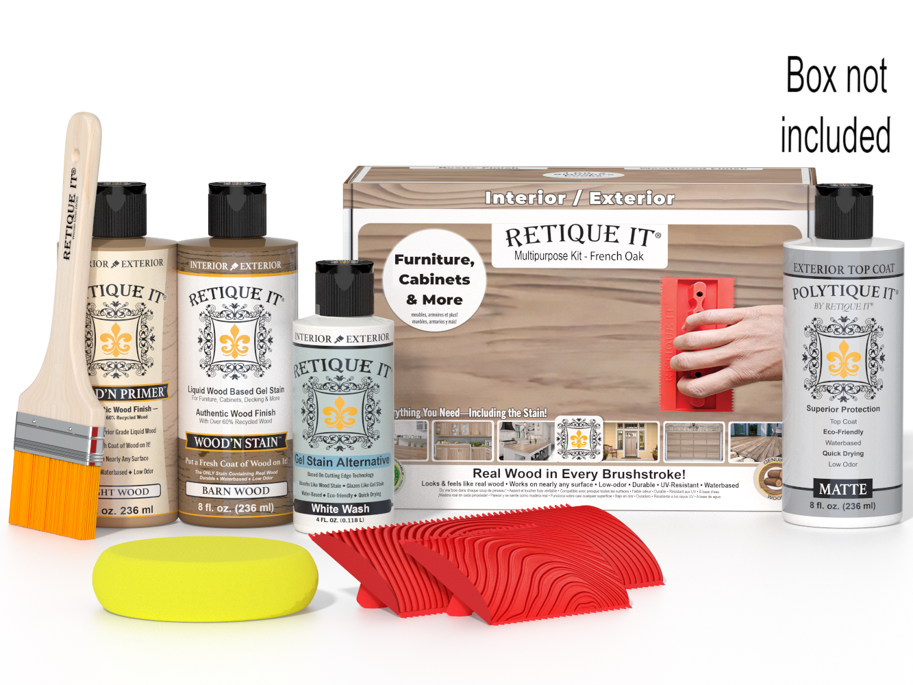 Retique It! wood care product set with bottles, a brush, sponges, and a box on a white background.
