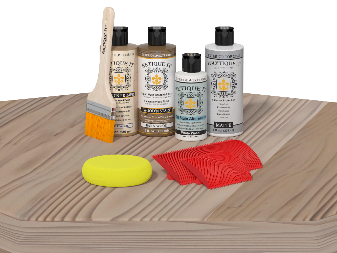 Wood care products including bottles, a brush, and applicators on a wooden surface.