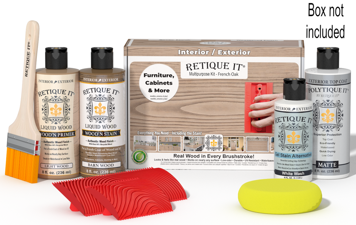 Retique It® Wood'n Finish Kit for French Oak exterior top coat, includes wood finish and applicator tools in a kit box.