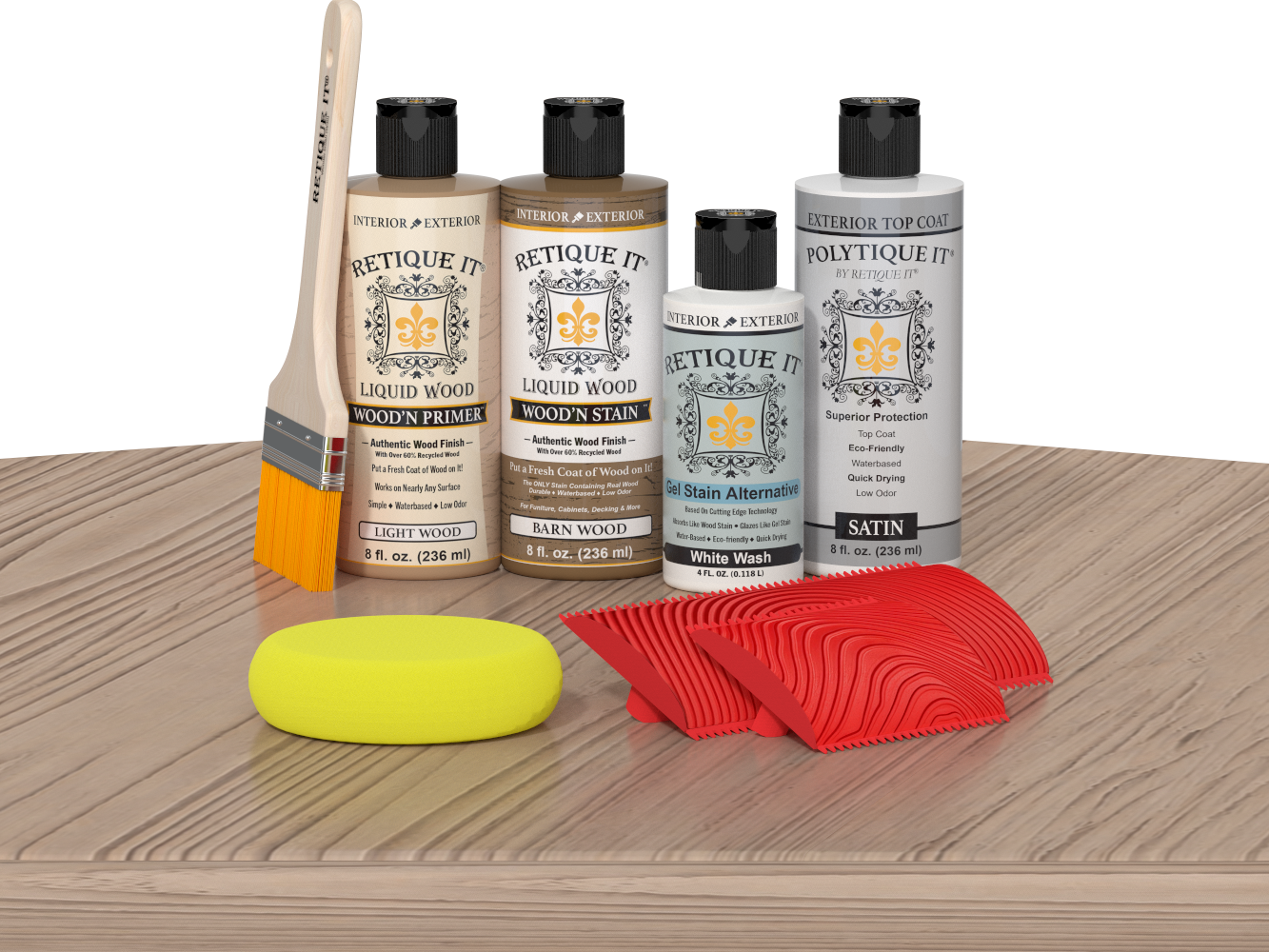 Multi-purpose Wood'n Kit French Oak exterior top coat by Retique It® with wood finish products on a table.