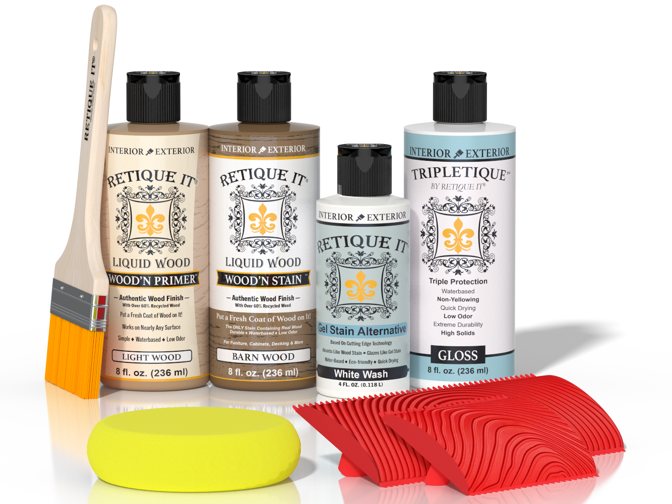 Retique It® Wood'n Finish Kit in French Oak with interior top coat, featuring wood finish tools and supplies for furniture finishing.