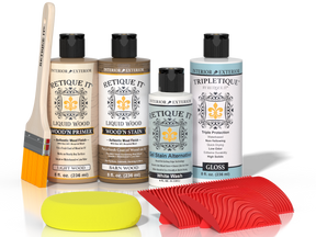 Retique It® Wood'n Finish Kit in French Oak with interior top coat, featuring wood finish tools and supplies for furniture finishing.