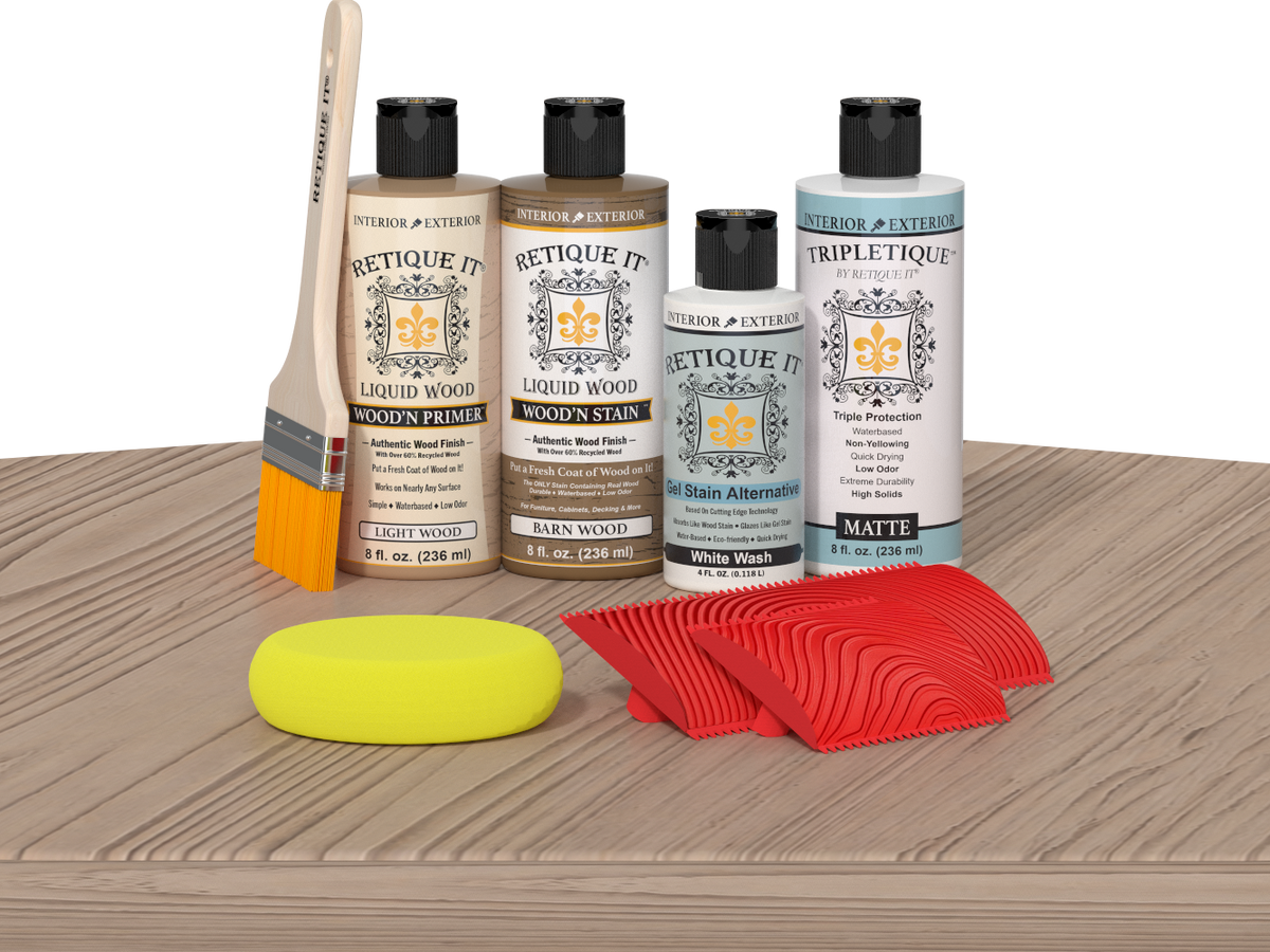 Retique It® Wood'n Finish Kit French Oak stain on a tabletop, showcasing natural wood finish and color detail.