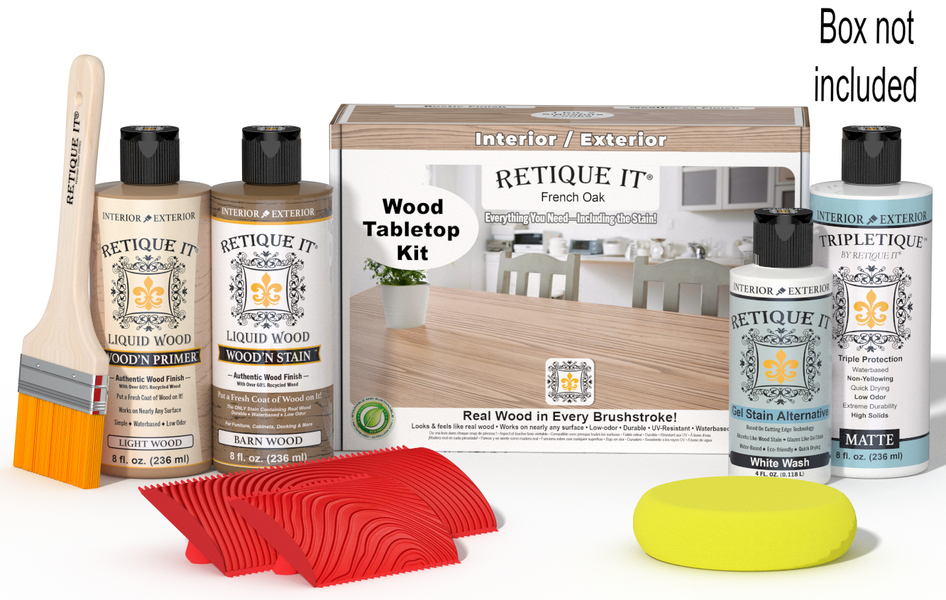 Retique It® Wood'n Finish Kit French Oak stain for tabletops, featuring a wood finish and stain kit in a compact box.