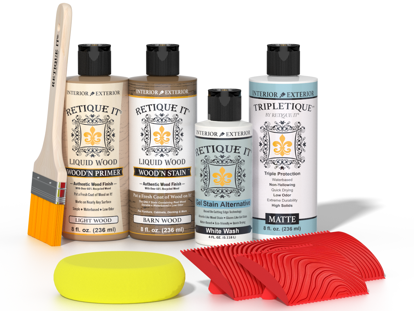 Retique It® Wood'n Finish Kit in French Oak for interior top coat, featuring wood stain and finishing supplies for furniture.