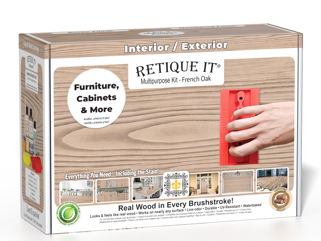 Retique It® French Oak Multipurpose Kit retail box featuring a French Oak wood finish, red graining tool demonstration, and furniture, cabinets & more project imagery.