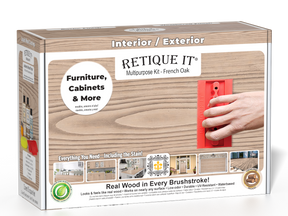 Retique It® French Oak Multipurpose Kit retail box featuring a French Oak wood finish, red graining tool demonstration, and furniture, cabinets & more project imagery.