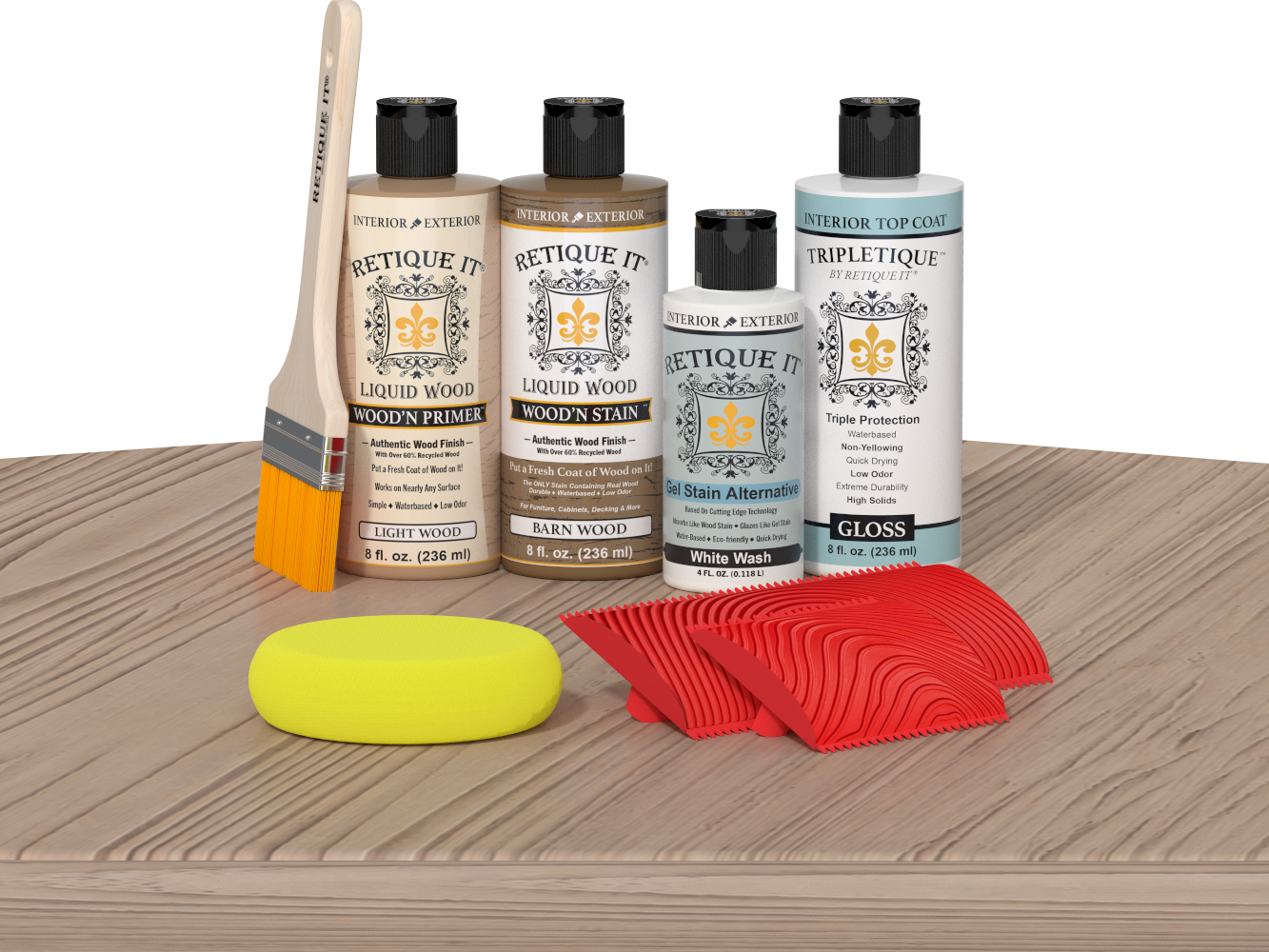 Retique It® French Oak Wood'n Kit with Light Wood primer, Barn Wood stain, White Wash gel stain alternative, Gloss Tripletique® Top Coat, brush, red graining tool, and yellow sponge.