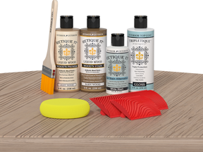 Retique It® French Oak Wood'n Kit with Light Wood primer, Barn Wood stain, White Wash gel stain alternative, Gloss Tripletique® Top Coat, brush, red graining tool, and yellow sponge.
