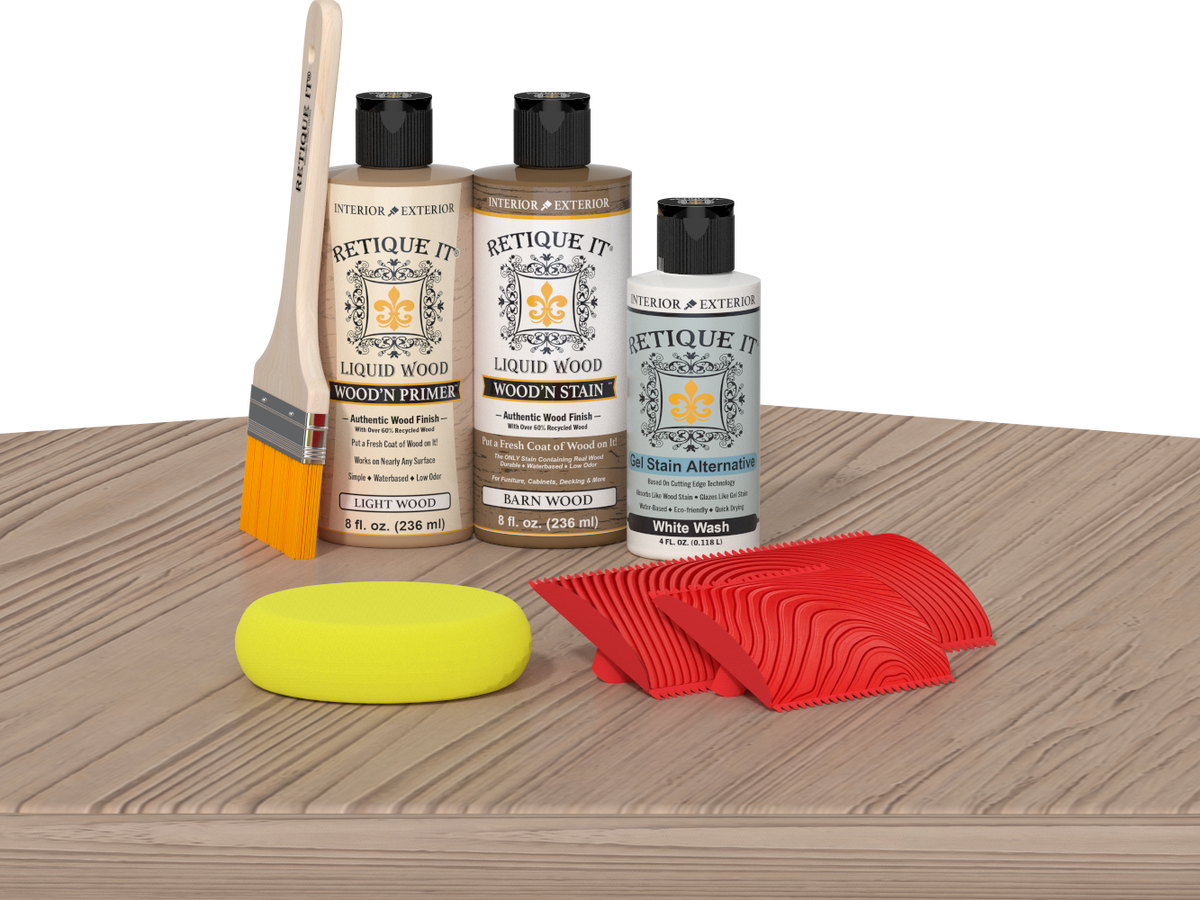 Retique It Fireplace Mantel Wood'n Finish Kit in French Oak stain applied to a wood surface, showcasing rich oak color and finish.
