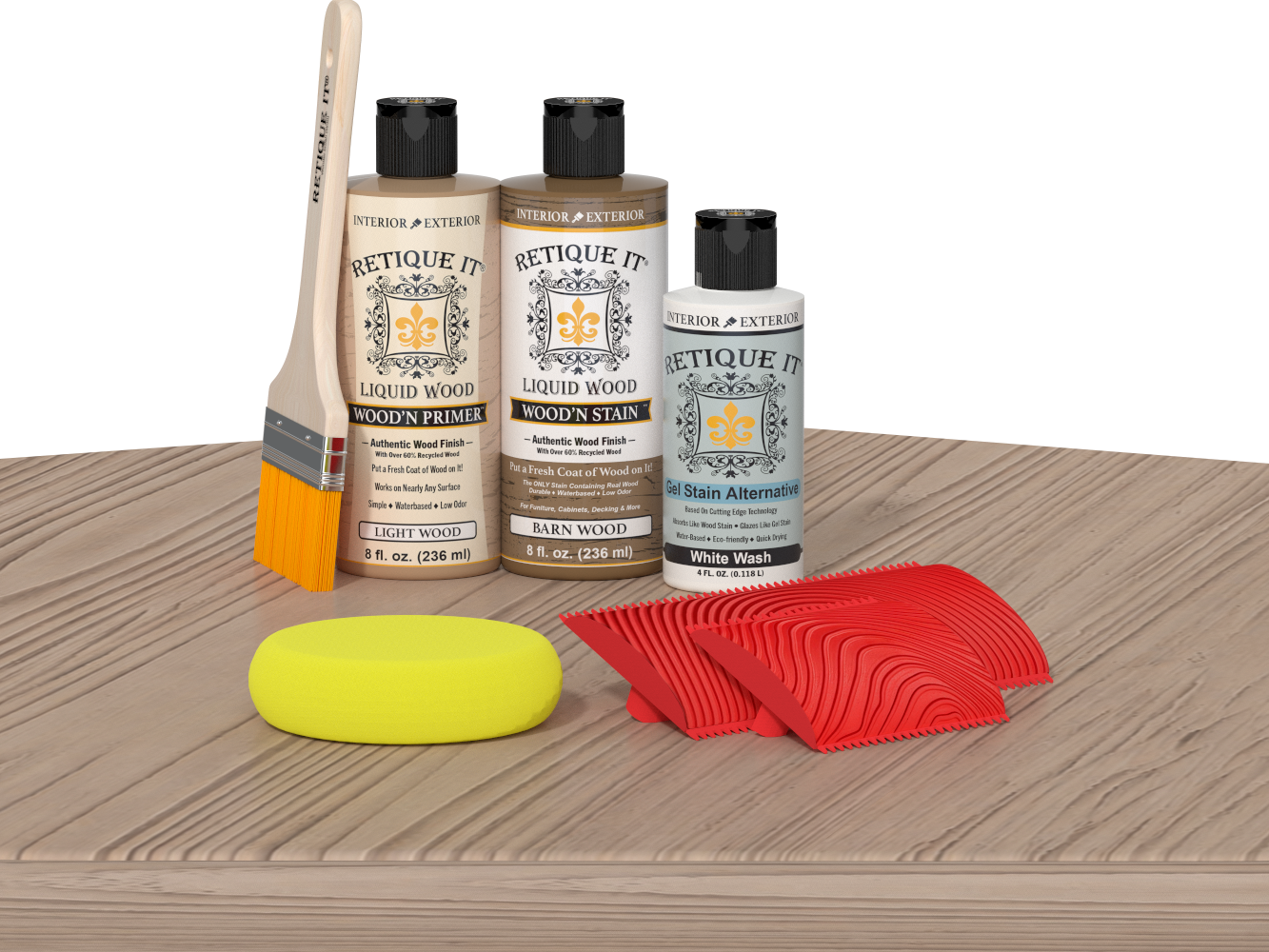 Retique It® Wood'n Kit in French Oak finish, featuring multi-purpose wood finishing products on a table display.
