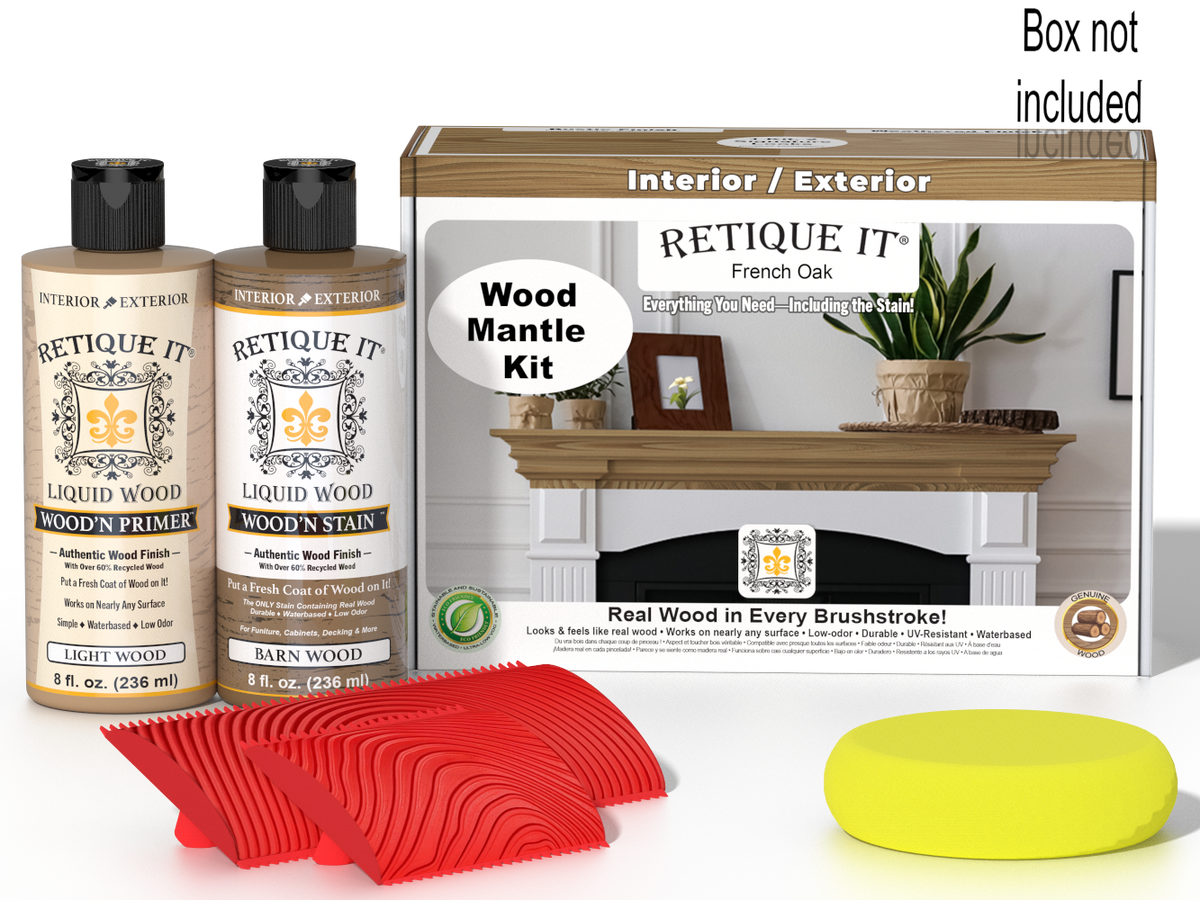 Retique It® French Oak wood finish kit for fireplace mantels, includes stains and application tools in a box.