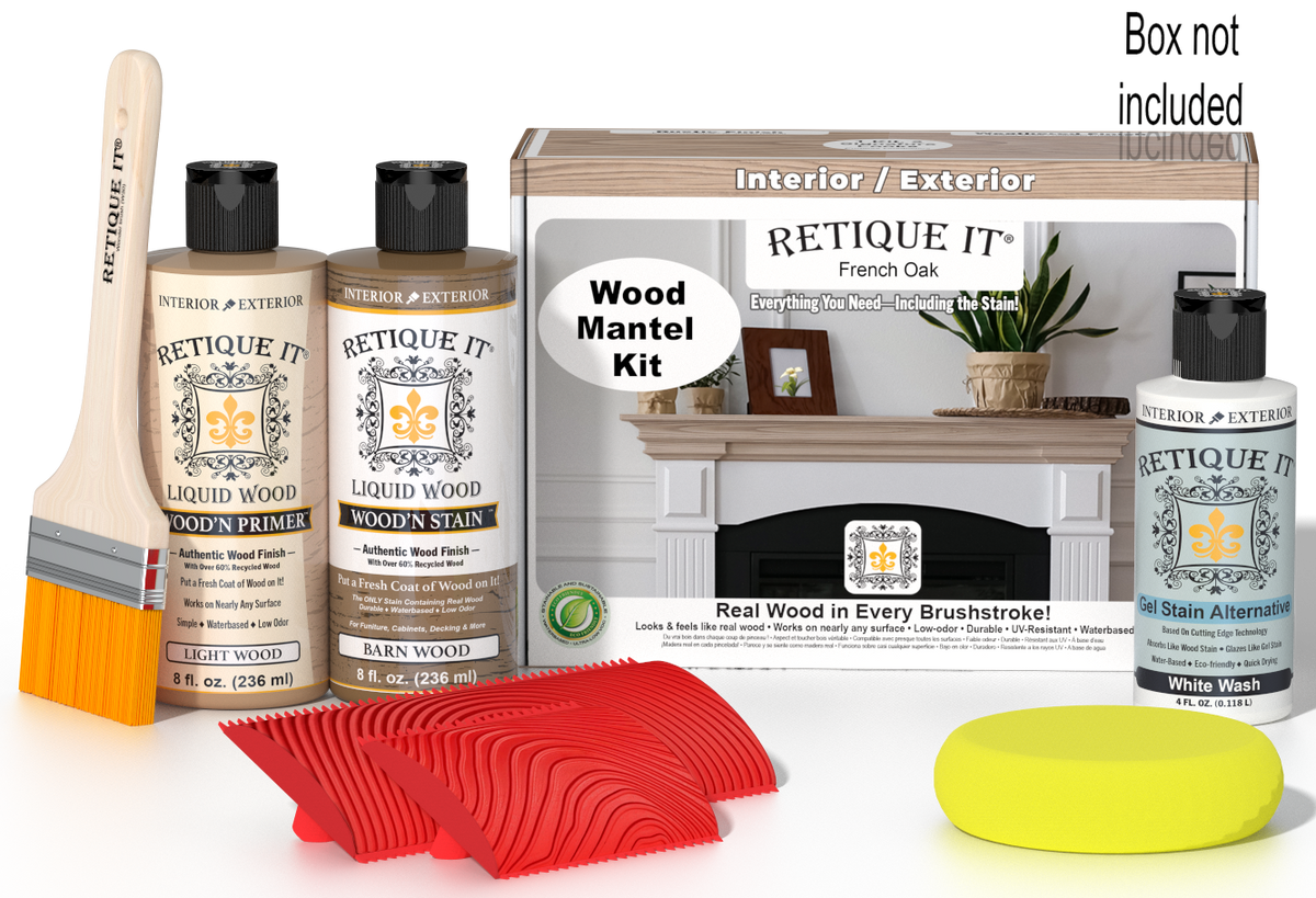 Retique It Fireplace Mantel Wood'n Finish Kit in French Oak stain, showing the wood stain color and application tools.