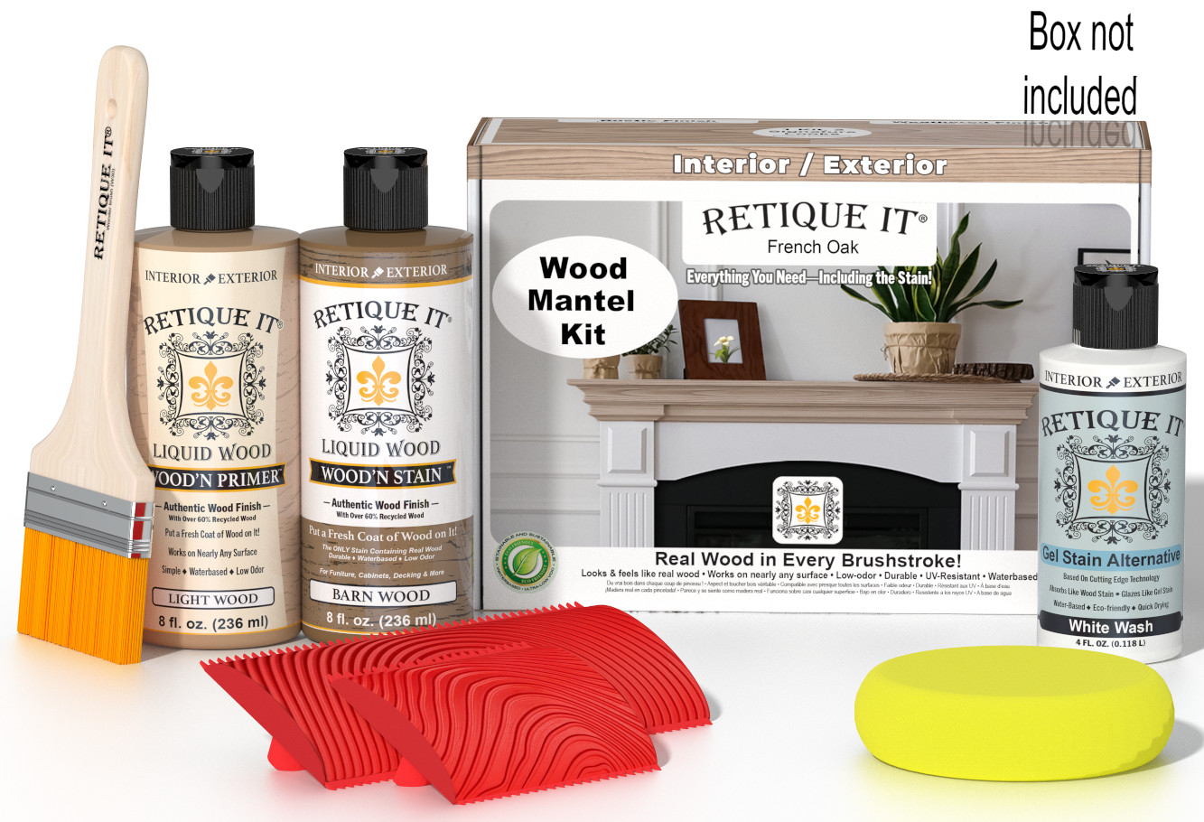 Retique It® Fireplace Mantel Wood'n Finish Kit in French Oak stain, showing the wood stain color and application tools.