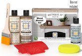 Retique It® Fireplace Mantel Wood'n Finish Kit in French Oak stain, showing the wood stain color and application tools.