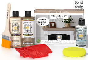 Retique It® Fireplace Mantel Wood'n Finish Kit in French Oak stain, showing the wood stain color and application tools.