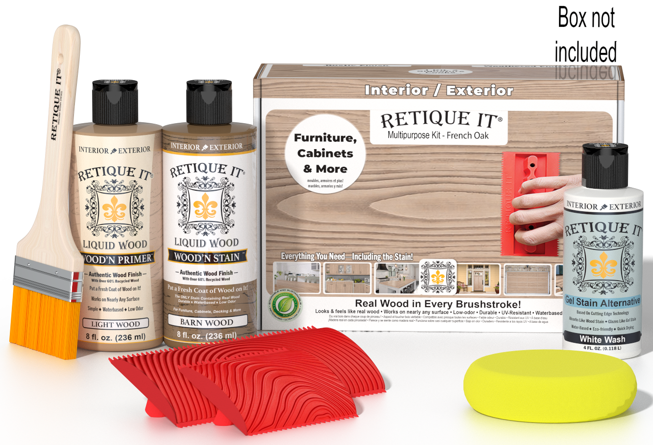 Retique It® Wood'n Finish Kit in French Oak for multi-purpose wood finishing, featuring a box with various wood stain and finish products.