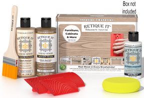 Retique It® Wood'n Finish Kit in French Oak for multi-purpose wood finishing, featuring a box with various wood stain and finish products.