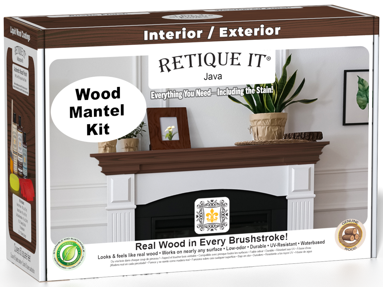 Retique It® Wood'n Finish Kit Java stain for fireplace mantels, featuring a box of stain bottles and application tools.
