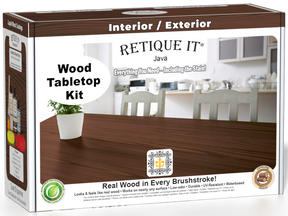 Retique It® Wood'n Finish Kit in Java for tabletops, featuring stain bottles and finishing tools for wood surface restoration.
