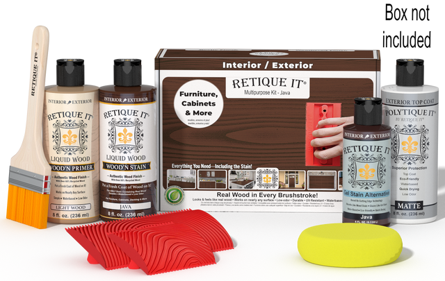 Retique It Wood'n Finish Kit Java exterior top coat with wood finish tools and product box for multi-purpose wood protection.