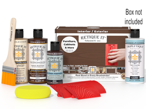 Retique It furniture care products including bottles, a brush, and a box on a white background.