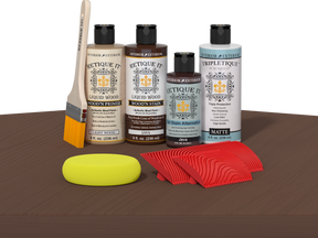 Retique It® Wood'n Finish Kit Java for interior wood projects, featuring a top coat applied on a table surface.