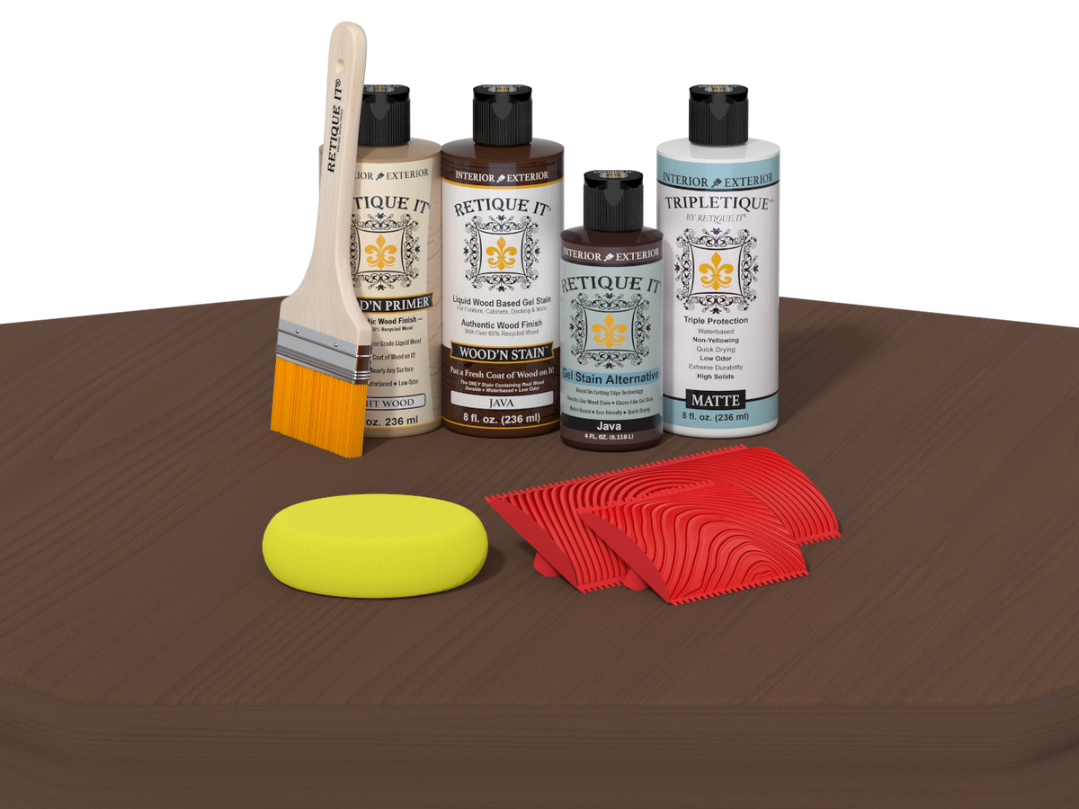 Set of wood care products including bottles, a brush, a sponge, and cloths on a brown surface.