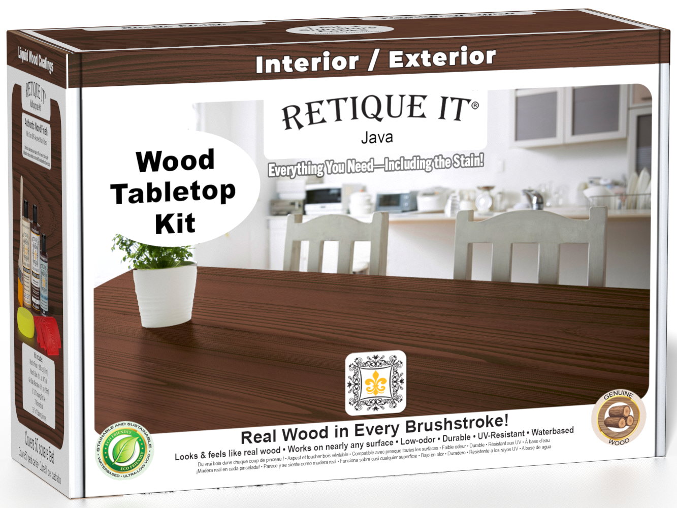 Retique It® Java Wood Tabletop Kit retail box featuring a Java wood tabletop finish and kitchen scene.