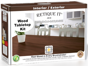 Retique It® Java Wood Tabletop Kit retail box featuring a Java wood tabletop finish and kitchen scene.
