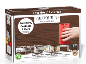 Retique It® Java Multipurpose Kit retail box featuring a Java wood finish, red graining tool demonstration, and furniture, cabinets & more project imagery.