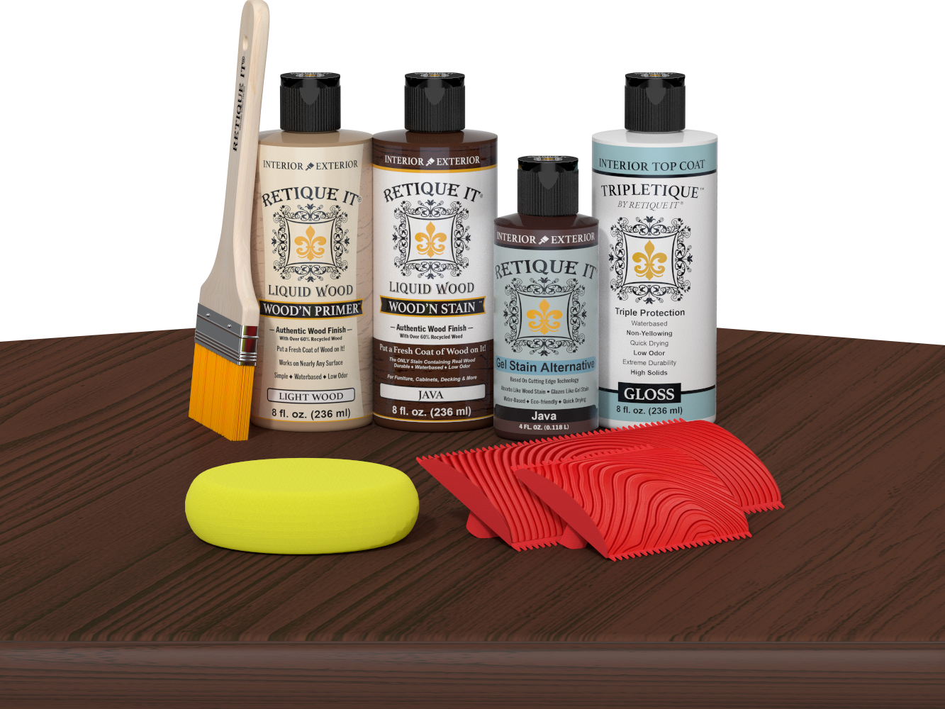 Retique It® Java Wood'n Kit with Light Wood primer, Java stain, Java gel stain alternative, Gloss Tripletique® Top Coat, brush, red graining tool, and yellow sponge.