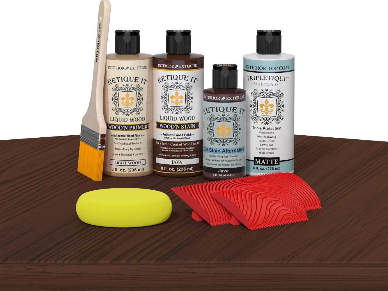 Retique It® Java Wood'n Kit with Light Wood primer, Java stain, Java gel stain alternative, Matte Tripletique® Top Coat, brush, red graining tool, and yellow sponge.