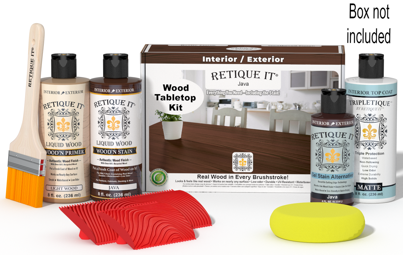 Retique It® Java Wood Tabletop Kit with Light Wood primer, Java stain, Java gel stain alternative, Matte Tripletique® Top Coat, brush, red graining tool, yellow sponge, and product box.