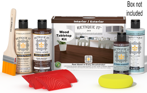 Retique It® Java Wood Tabletop Kit with Light Wood primer, Java stain, Java gel stain alternative, Matte Tripletique® Top Coat, brush, red graining tool, yellow sponge, and product box.