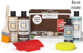 Retique It® Java Multipurpose Kit with Light Wood primer, Java stain, Java gel stain alternative, Matte Tripletique® Top Coat, brush, red graining tool, yellow sponge, and product box.