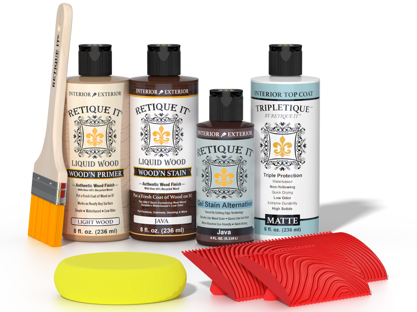 Retique It® Java Wood'n Kit with Light Wood primer, Java stain, Java gel stain alternative, Matte Tripletique® Top Coat, brush, red graining tool, and yellow sponge.