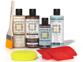 Retique It® Java Wood'n Kit with Light Wood primer, Java stain, Java gel stain alternative, Matte Tripletique® Top Coat, brush, red graining tool, and yellow sponge.