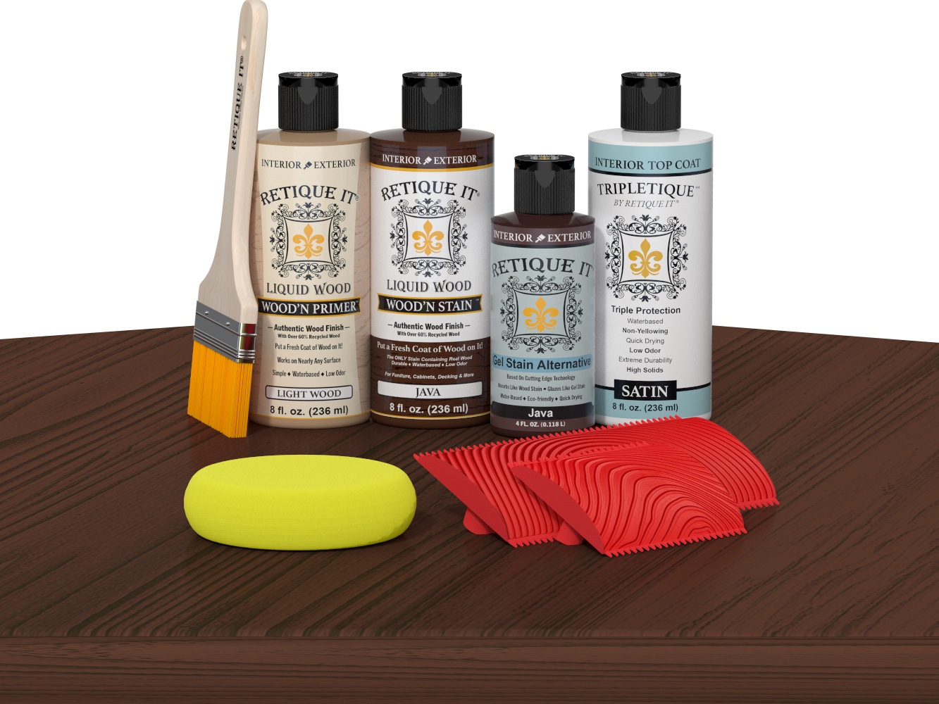 Retique It® Java Wood'n Kit with Light Wood primer, Java stain, Java gel stain alternative, Satin Tripletique® Top Coat, brush, red graining tool, and yellow sponge.