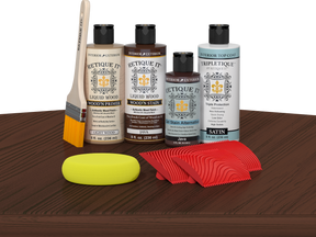 Retique It® Java Wood'n Kit with Light Wood primer, Java stain, Java gel stain alternative, Satin Tripletique® Top Coat, brush, red graining tool, and yellow sponge.