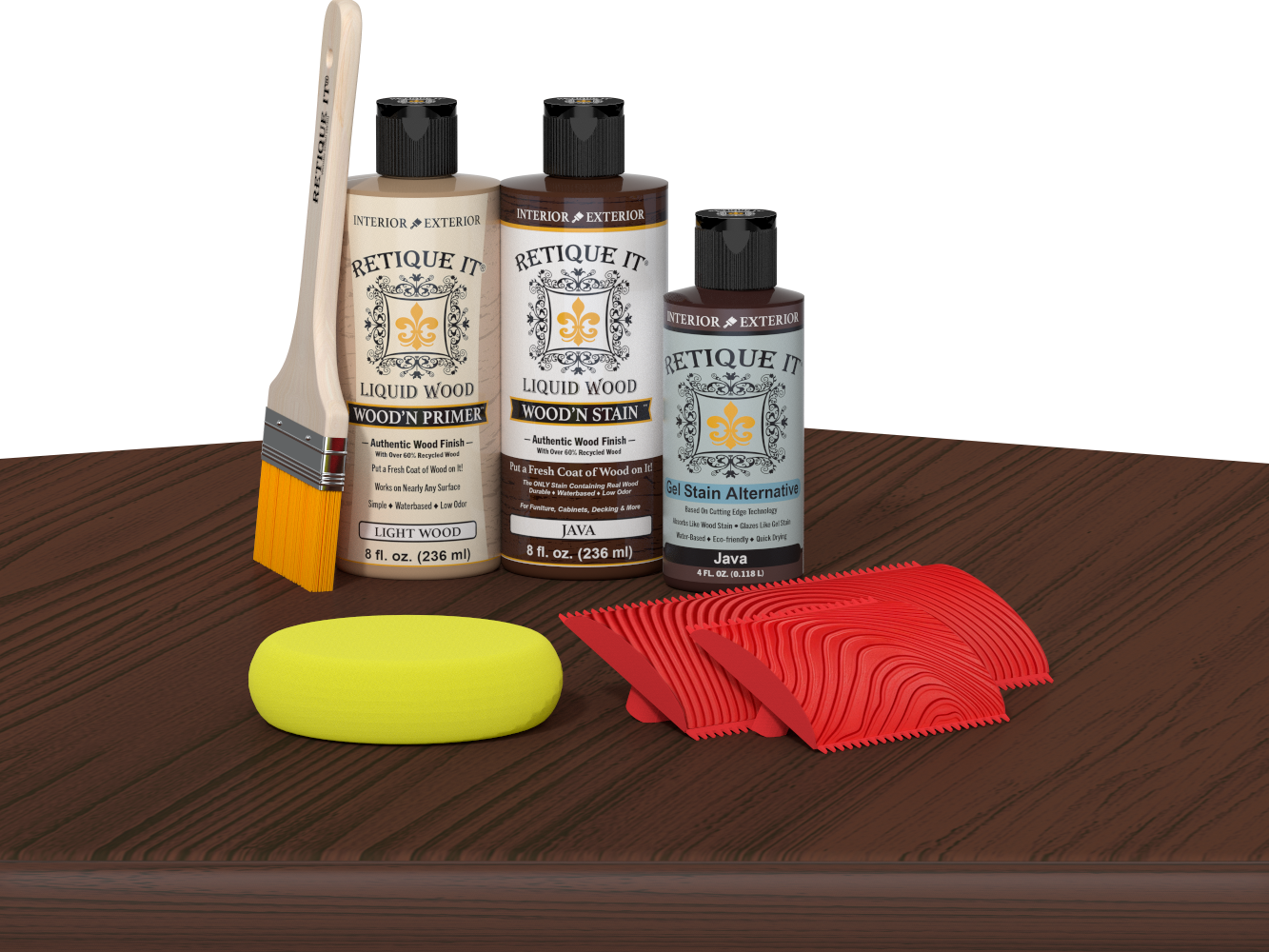 Retique It® Wood'n Finish Kit Java on table, multi-purpose wood finishing kit with applicator and wood stain components.