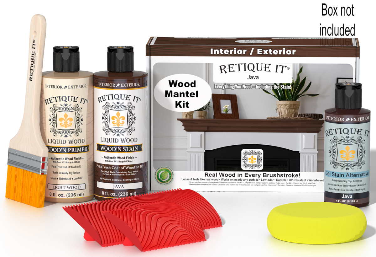 Retique It® Fireplace Mantel Wood'n Finish Kit in Java stain, showing the wood stain packaging and application options.