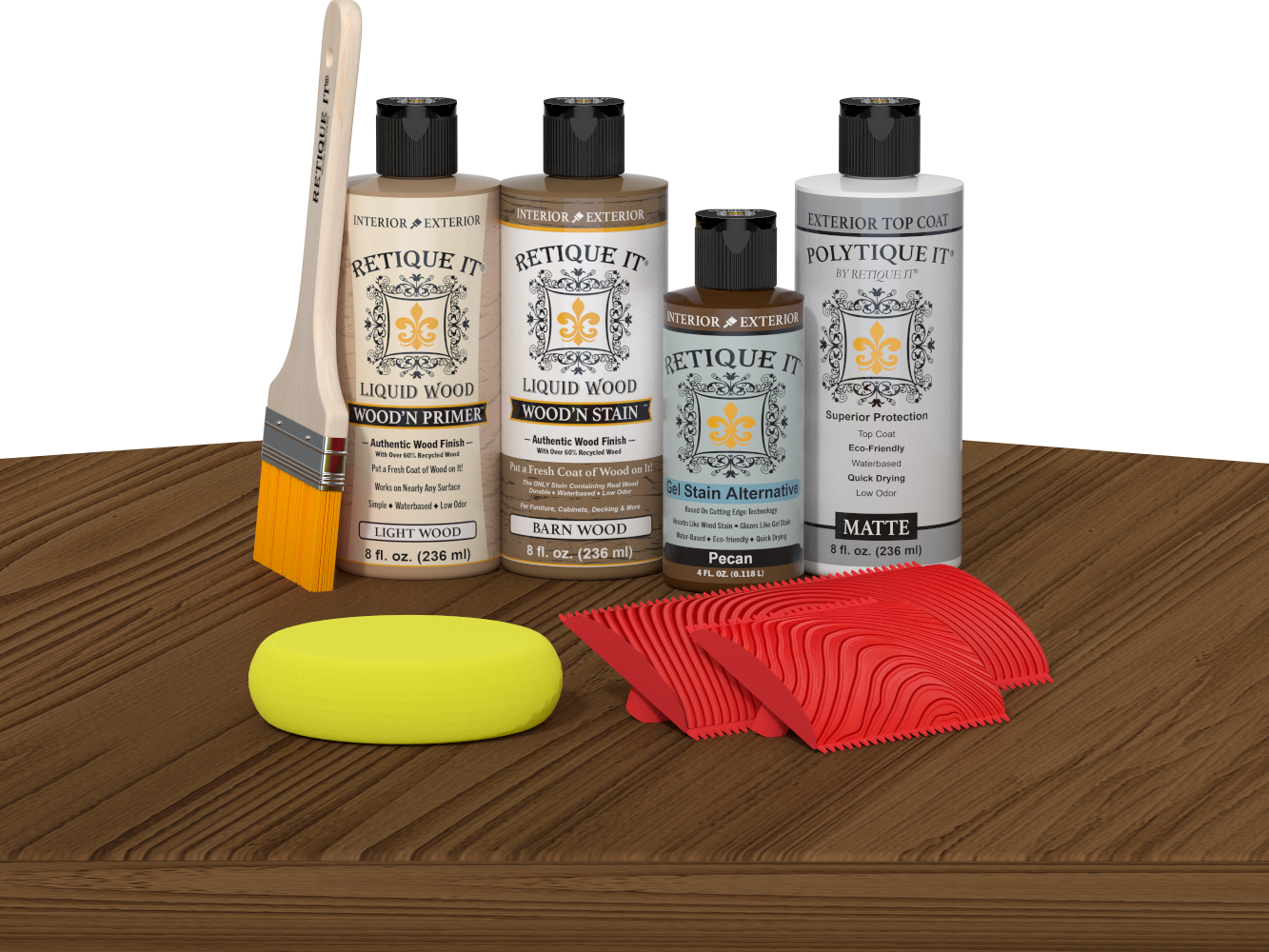 Retique It® Wood'n Kit Multi-purpose Modern Walnut exterior topcoat with a wood finish kit displayed on a table.