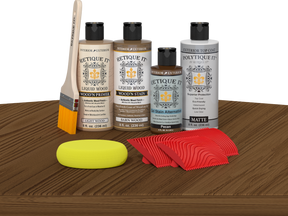 Retique It® Wood'n Kit Multi-purpose Modern Walnut exterior topcoat with a wood finish kit displayed on a table.